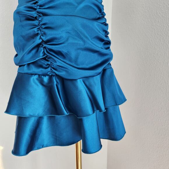 Jessica McClintock Y2K Teal Satin Halter Ruffle Drop Waist Mini Homecoming Dress - Picture 9 of 10